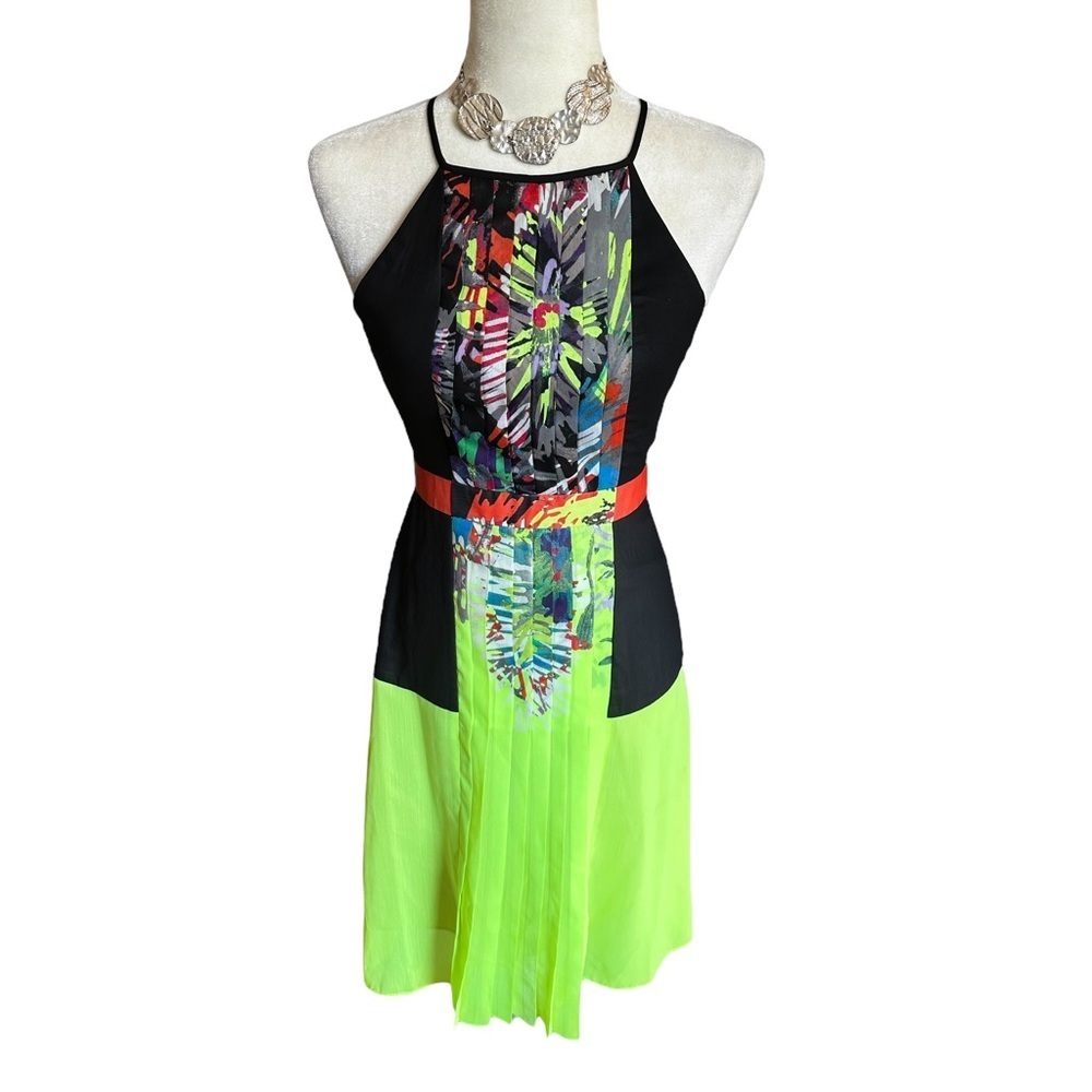 Gorgeous BCBGMaxazaria Black & Neon Green Pleated Dress - NWOT